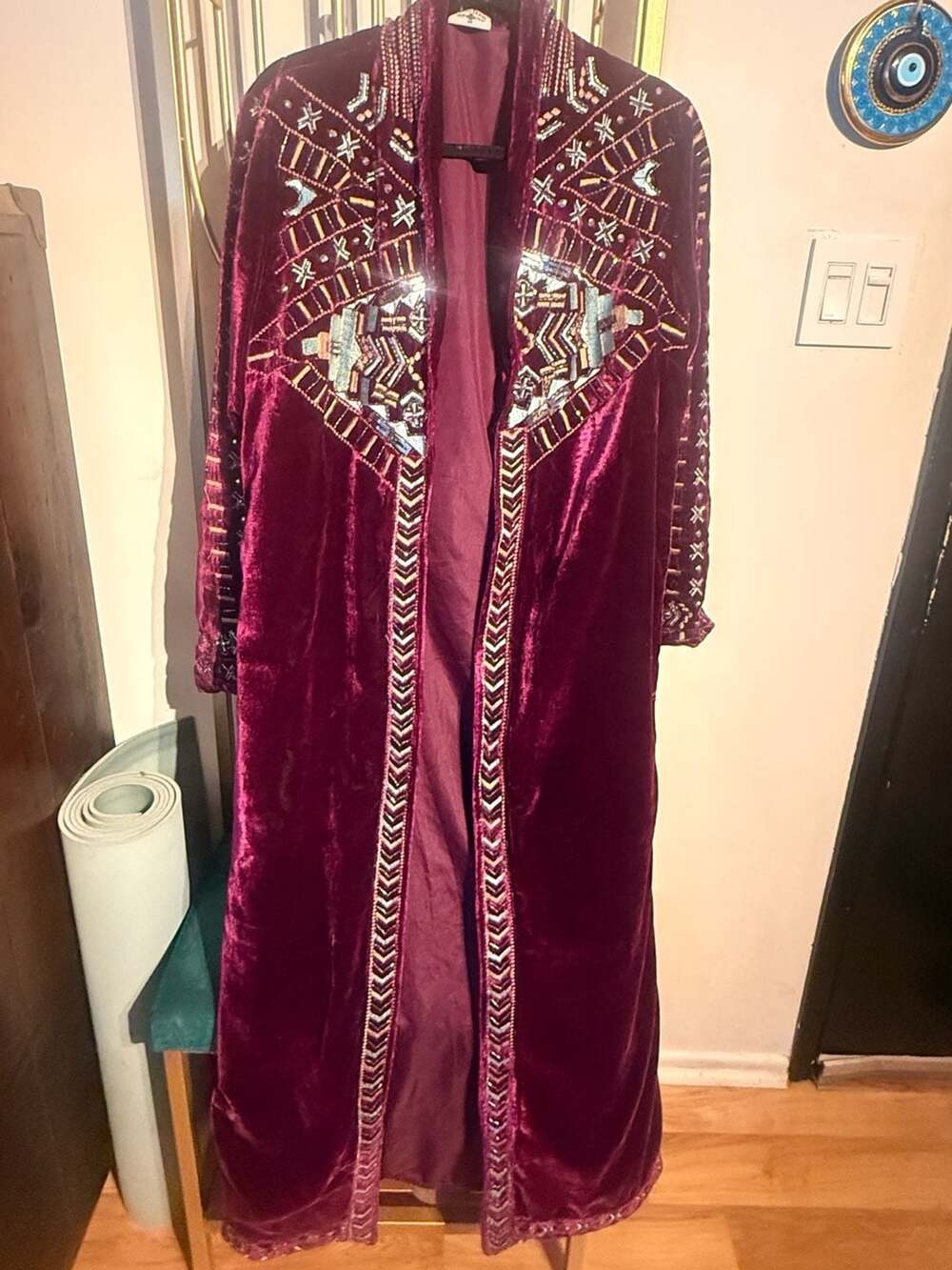 Crazy Train Duster Size M Maroon Velvet Beaded Embroidered Jacket